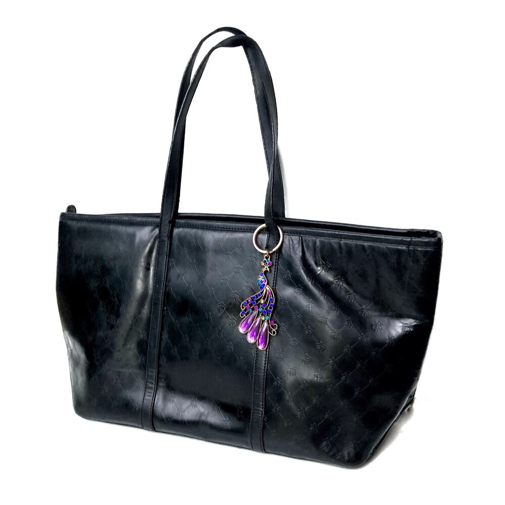 Brooks Brothers Black Leather Tote with Purple Peacock Charm